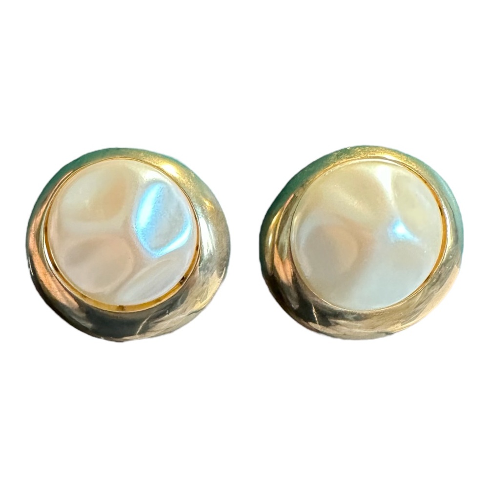 Vintage Faux Pearl Round Cabochon Clip On Earrings Gold Tone Art Deco 1 1/2” Dia